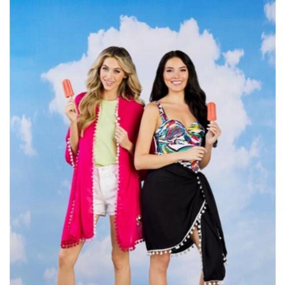 Mud Pie pink pom pom sarong beach cover up - Picture 2 of 8